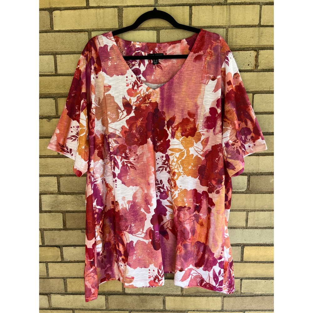 Susan Graver Weekend Red Orange Floral V-Neck Short Sleeve Top Pockets Size 3X